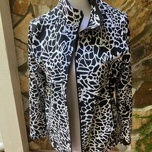 Allison Daley Petite Small Animal Print Zip-Up Cotton Jacket Black & White EUC